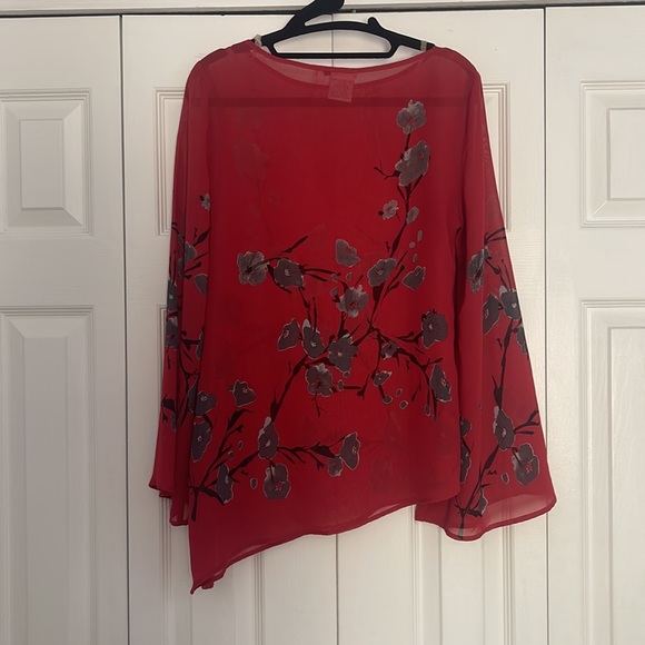 S Vintage Sheer Red Cherry Asymmetrical Blossom Floral Blouse w/Bell Sleeves - Picture 3 of 6